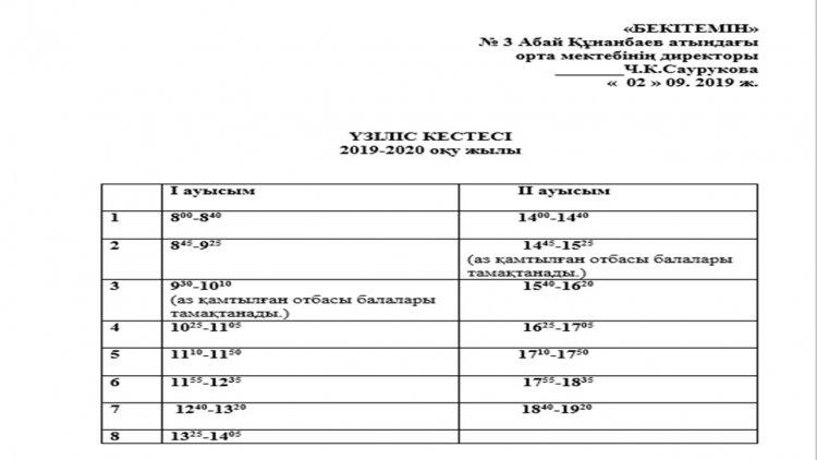 ҮЗІЛІС КЕСТЕСІ 2019-2020 оқу жылы